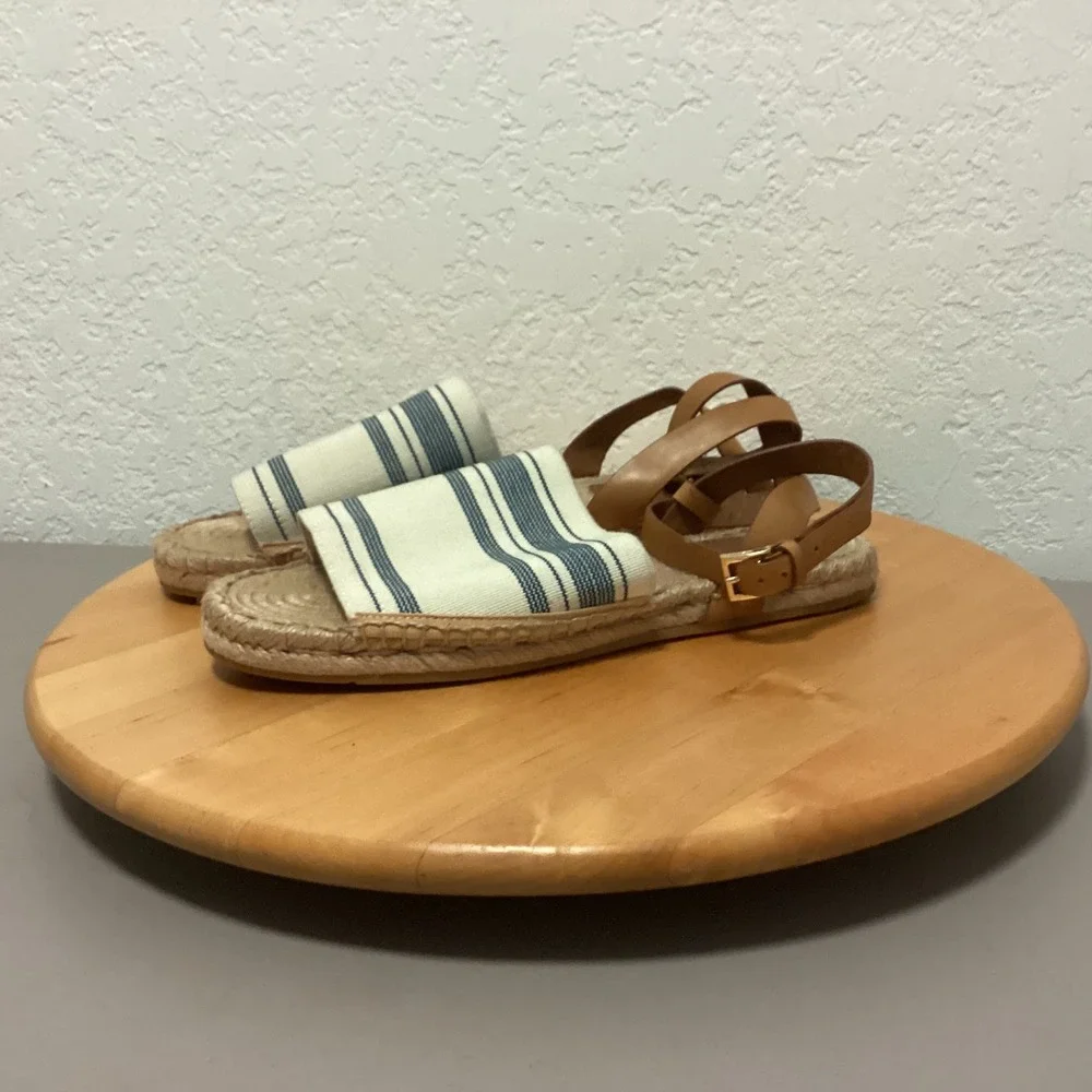 Tory Burch Striped Canvas‎ Espadrille Sandals Blue Cream Leather Ankle Strap 8